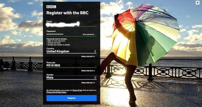 Click on Register BBC iPlayer