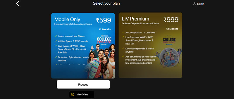 Plan de suscripción SonyLiv